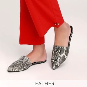 Lulus Lorena Leather Black and White Snake Pointed-Toe Slides